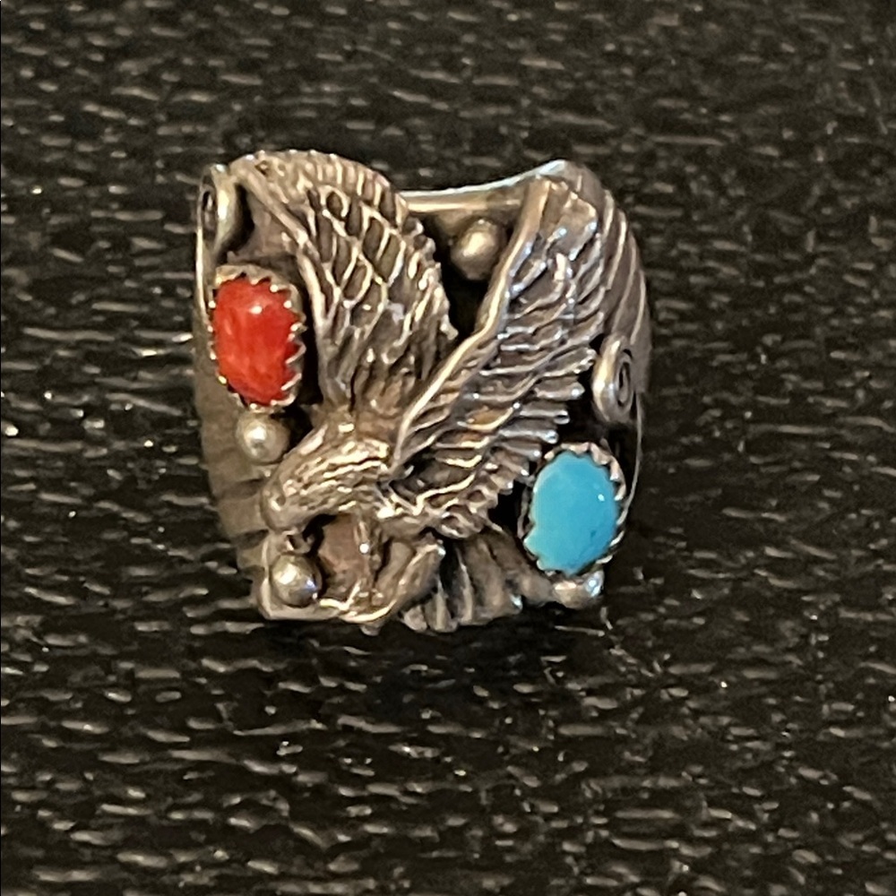 Native American Sterling silver Eagle ring with turquoise and coral size 9